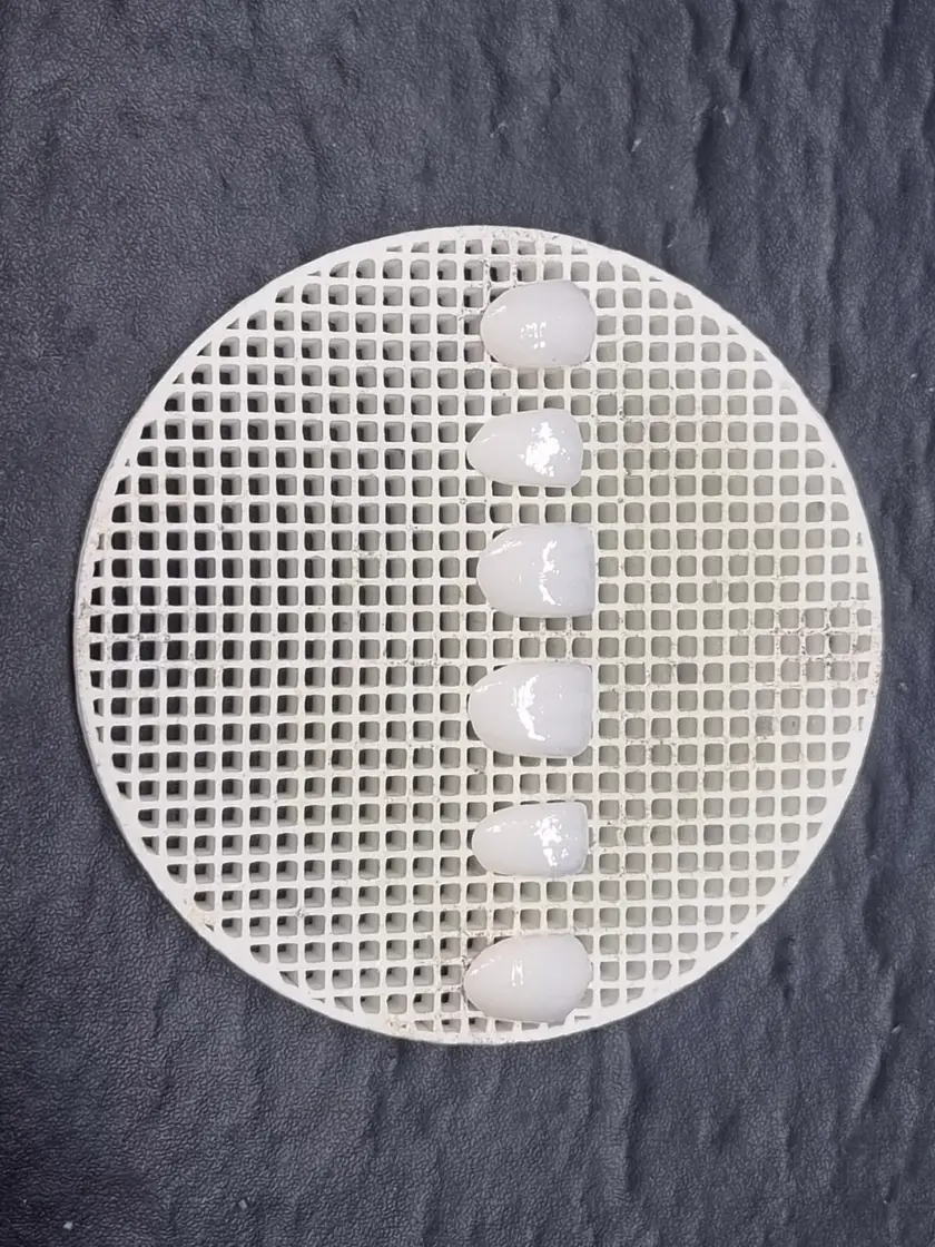 Facetas cerâmicas posicionadas na grade para queima no forno