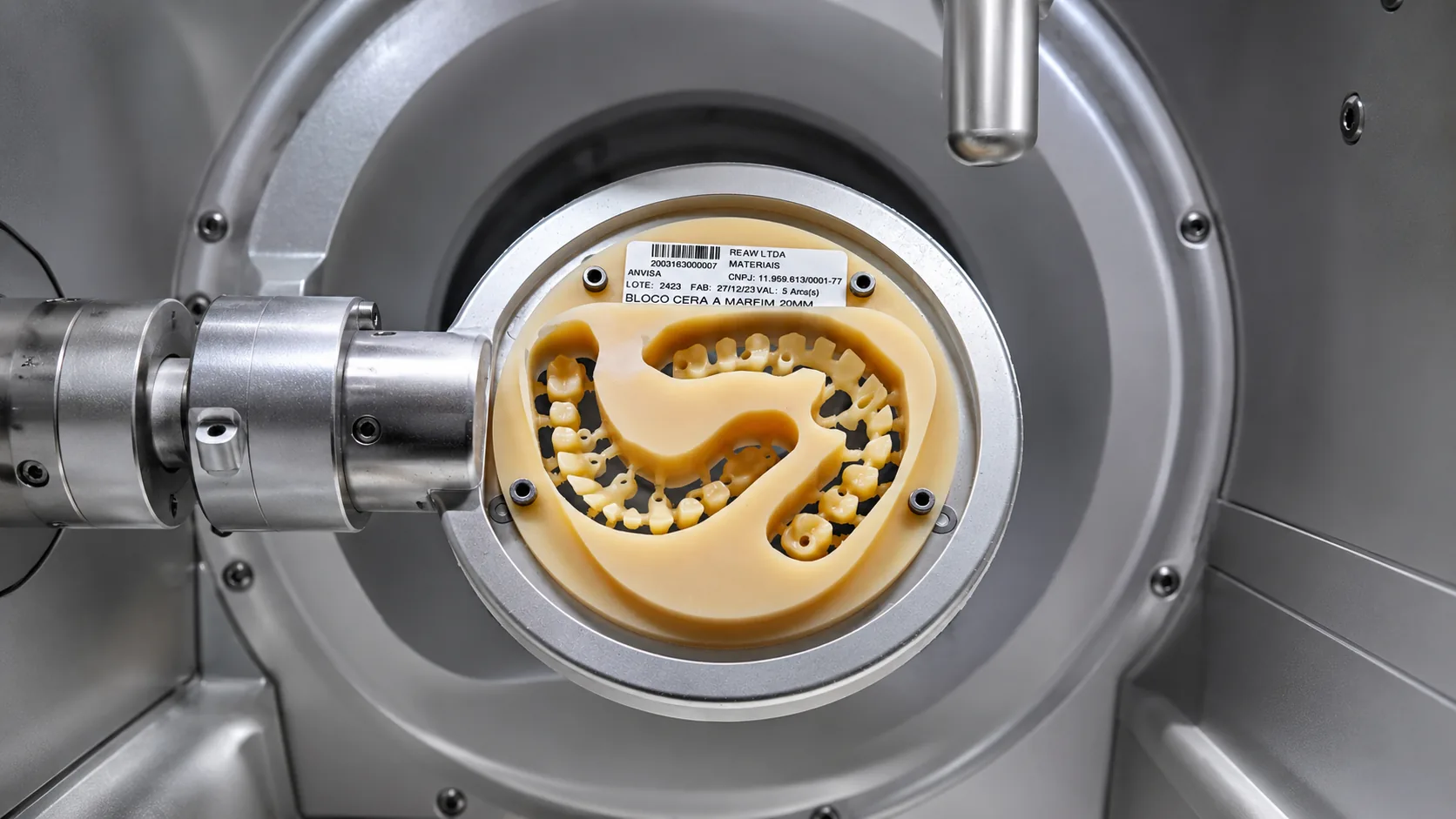 Disco de cera sendo fresado dentro da fresadora CAD/CAM com estruturas protéticas em detalhe