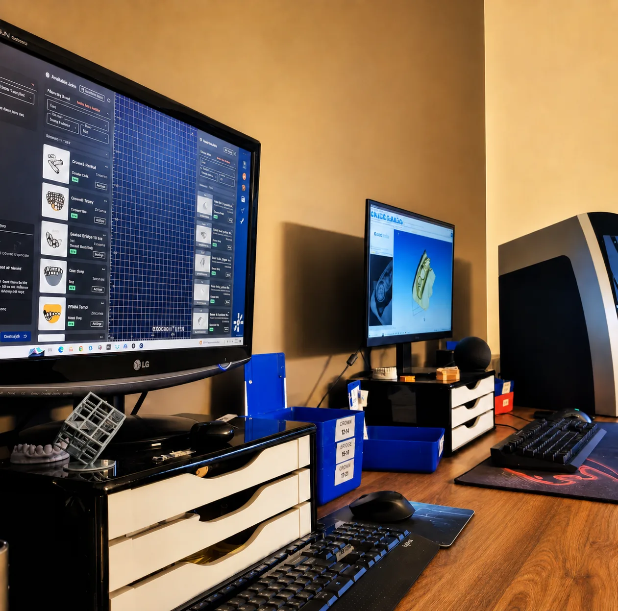 Estação de planejamento digital com software CAD exibindo casos nas telas